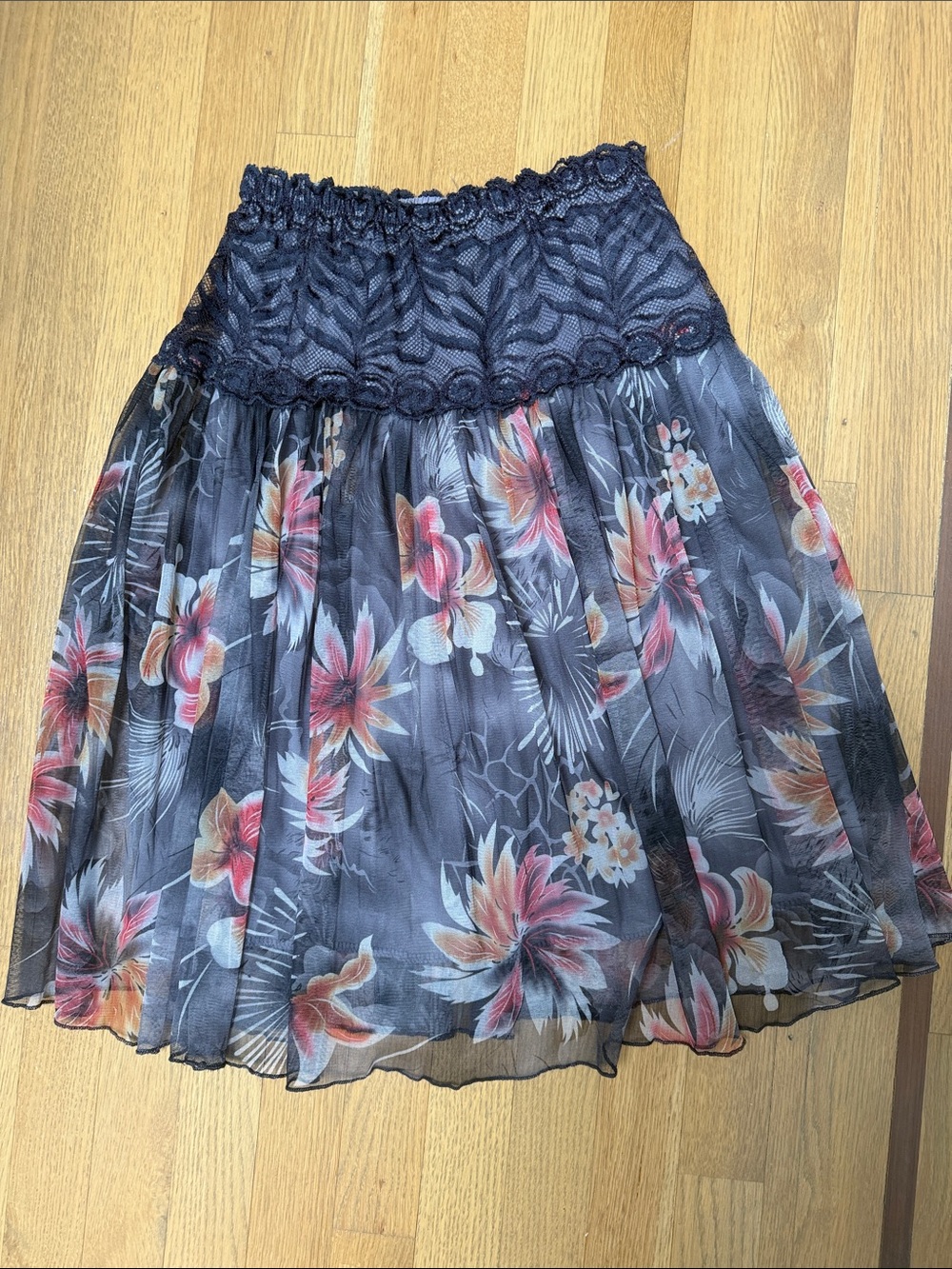 Floral Chiffon A-Line Skirt in Black with Pink Accents